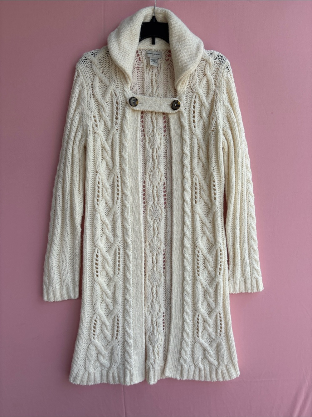 Banana Republic Ivory Cable Knit Long Cardigan with Toggle Detail